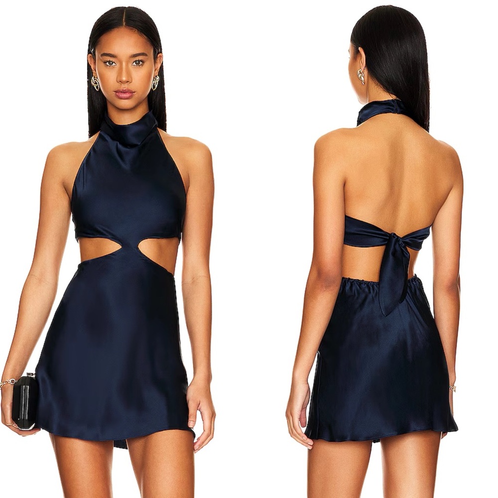 NEW NWT Amanda Uprichard X Revolve Kaye Cutout 100% Silk Mini Dress In Ink Navy